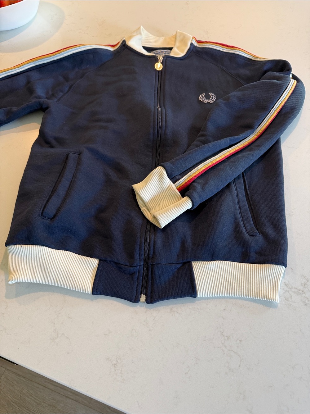 Fred Perry Vintage Navy Mens Zip Track Jacket with Rainbow Sleeve Stripes-M